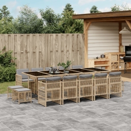 Set comedor de jardín con cojines 15 pzas ratán sintético beige