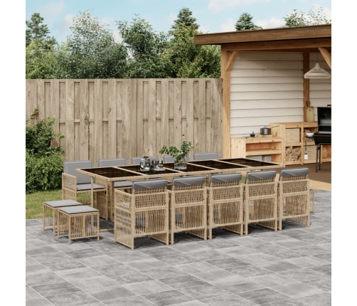 Set comedor de jardín con cojines 15 pzas ratán sintético beige