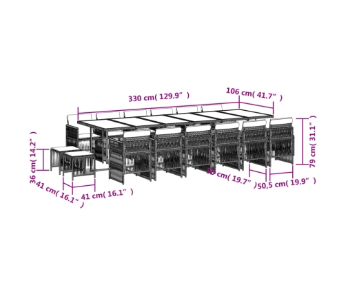Set de muebles jardín 17 pzas con cojines ratán sintético negro
