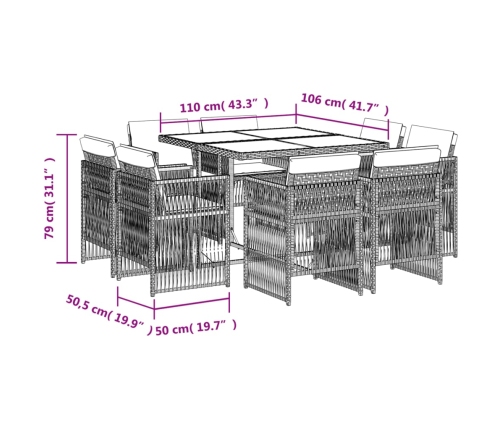 Set comedor de jardín 9 pzas cojines ratán sintético gris claro