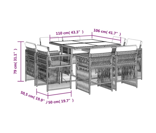 Set comedor de jardín 9 pzas con cojines ratán sintético beige