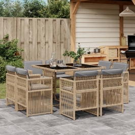 Set comedor de jardín 9 pzas con cojines ratán sintético beige