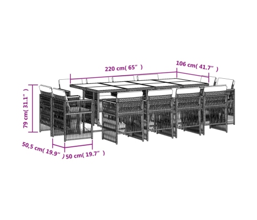 Set comedor jardín y cojines 13 pzas ratán sintético gris claro