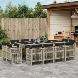 Set comedor jardín y cojines 13 pzas ratán sintético gris claro