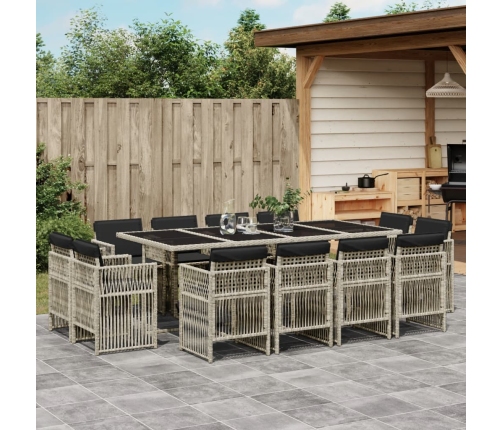 Set comedor jardín y cojines 13 pzas ratán sintético gris claro