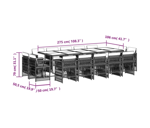 Set comedor jardín y cojines 15 pzas ratán sintético gris claro