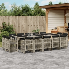 Set comedor jardín y cojines 15 pzas ratán sintético gris claro