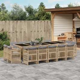 Set comedor de jardín con cojines 15 pzas ratán sintético beige