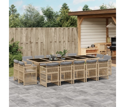 Set comedor de jardín con cojines 15 pzas ratán sintético beige