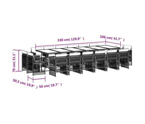 Set comedor jardín y cojines 17 pzas ratán sintético gris claro