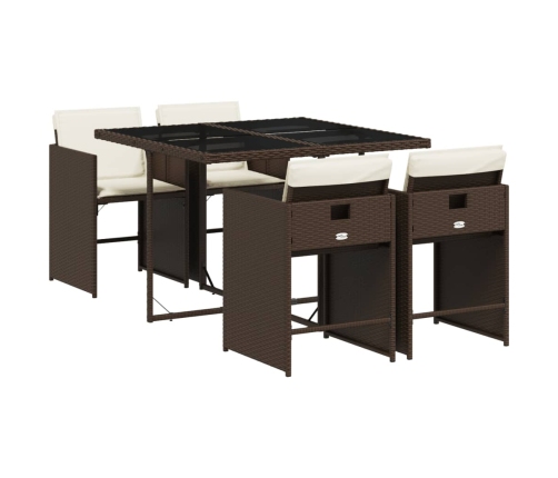 Set comedor de jardín 5 piezas y cojines ratán sintético marrón