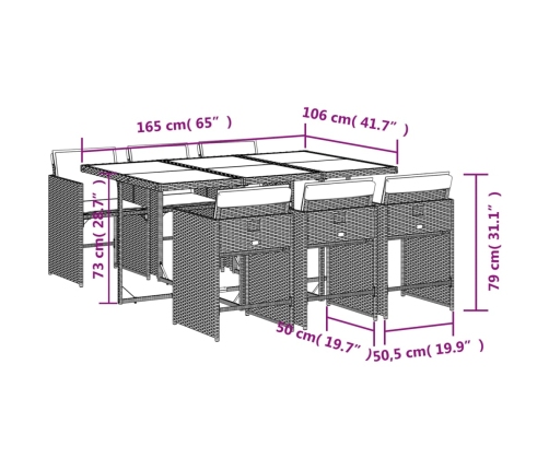 Set comedor de jardín 7 pzas con cojines ratán sintético marrón
