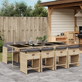 Set comedor de jardín 9 pzas con cojines ratán sintético beige