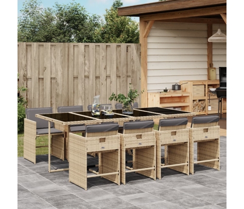 Set comedor de jardín 9 pzas con cojines ratán sintético beige