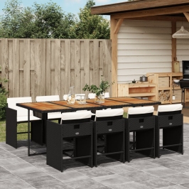 Set de comedor de jardín 9 pzas y cojines ratán sintético negro