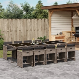 Set de comedor de jardín 11 pzas y cojines ratán sintético gris