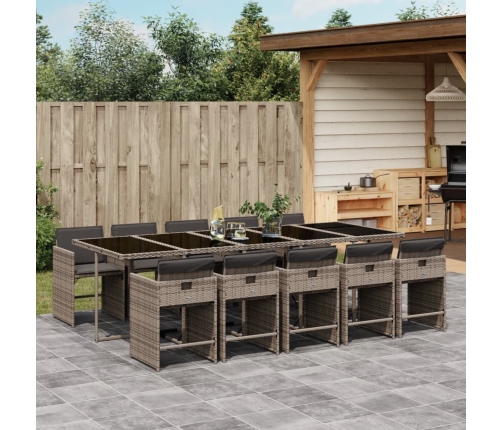 Set de comedor de jardín 11 pzas y cojines ratán sintético gris