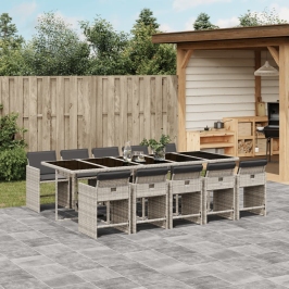 Set de comedor de jardín 11 pzas y cojines ratán sintético gris