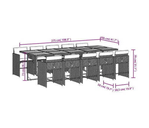 Set de comedor de jardín 11 pzas y cojines ratán sintético gris