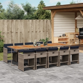 Set de comedor de jardín 11 pzas y cojines ratán sintético gris