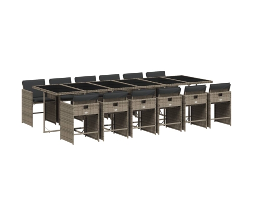 Set comedor de jardín con cojines 13 pzas ratán sintético gris