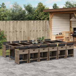 Set comedor de jardín con cojines 13 pzas ratán sintético gris