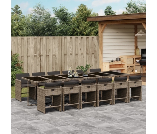 Set comedor de jardín con cojines 13 pzas ratán sintético gris