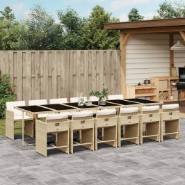 Set comedor de jardín con cojines 13 pzas ratán sintético beige