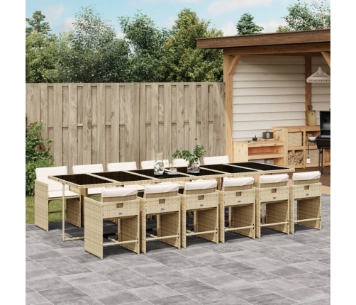 Set comedor de jardín con cojines 13 pzas ratán sintético beige
