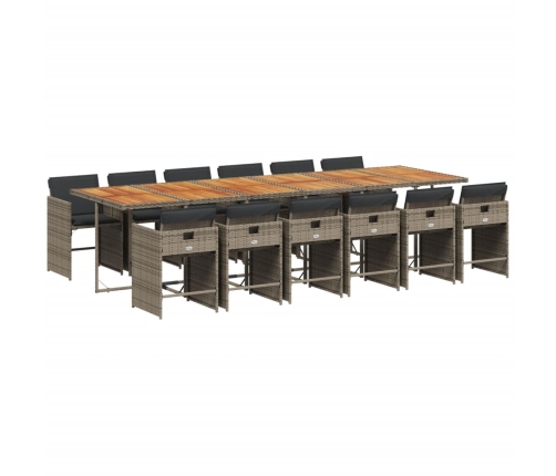 Set comedor de jardín con cojines 13 pzas ratán sintético gris