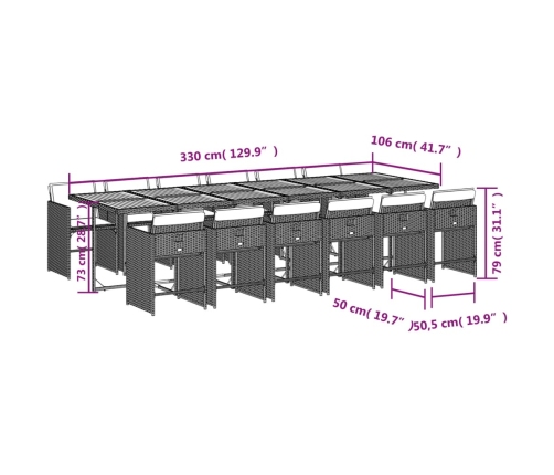 Set comedor de jardín con cojines 13 pzas ratán sintético gris