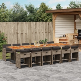 Set comedor de jardín con cojines 13 pzas ratán sintético gris