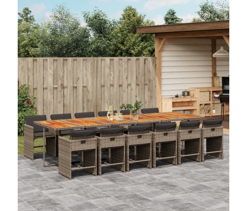 Set comedor de jardín con cojines 13 pzas ratán sintético gris