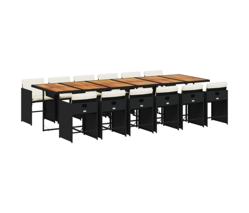 Set comedor de jardín con cojines 13 pzas ratán sintético negro