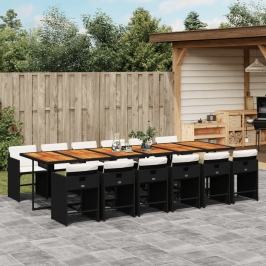 Set comedor de jardín con cojines 13 pzas ratán sintético negro