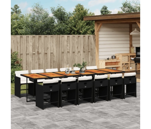 Set comedor de jardín con cojines 13 pzas ratán sintético negro