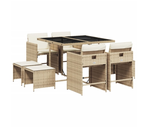 Set comedor de jardín 9 pzas con cojines ratán sintético beige