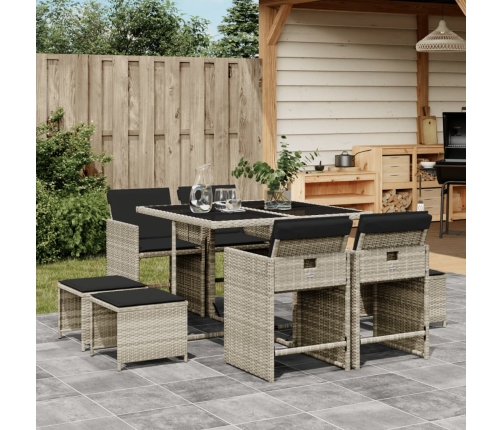 Set comedor de jardín 9 pzas cojines ratán sintético gris claro