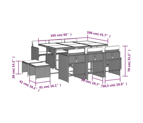 Set de comedor jardín 11 pzas con cojines ratán sintético negro