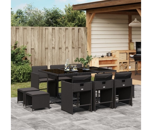 Set de comedor jardín 11 pzas con cojines ratán sintético negro