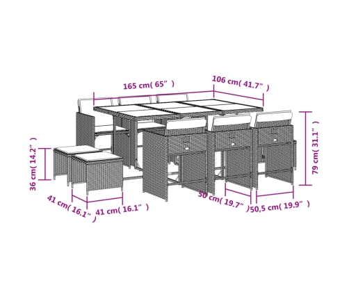 Set comedor de jardín 11 pzas con cojines ratán sintético beige