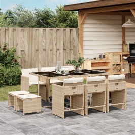 Set comedor de jardín 11 pzas con cojines ratán sintético beige
