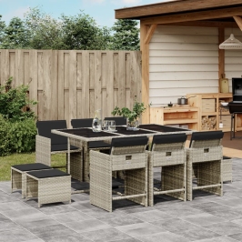 Set de comedor de jardín 11 pzas y cojines ratán sintético gris