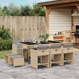 Set comedor de jardín 11 pzas con cojines ratán sintético beige