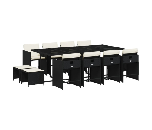 Set comedor de jardín con cojines 13 pzas ratán sintético negro