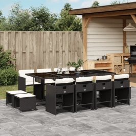Set comedor de jardín con cojines 13 pzas ratán sintético negro