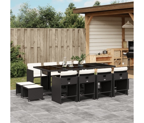Set comedor de jardín con cojines 13 pzas ratán sintético negro