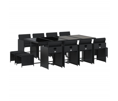 Set comedor de jardín con cojines 13 pzas ratán sintético negro