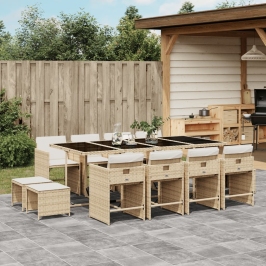 Set comedor de jardín con cojines 13 pzas ratán sintético beige