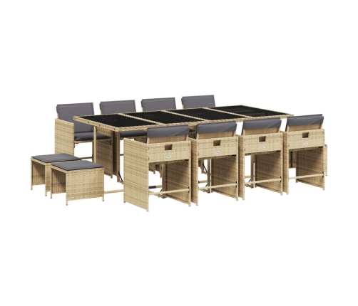 Set comedor de jardín con cojines 13 pzas ratán sintético beige